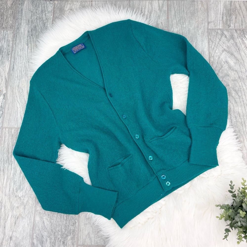 Vintage 60s Pendleton True Teal Green Blue Pure Virgin Wool Cardigan